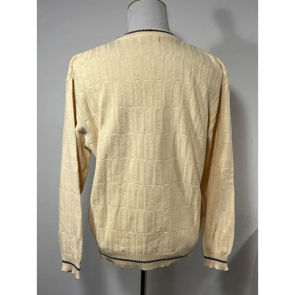 Vtg Carmel Cotton Knit Sweater Cream Yellow Blue Trim Golfer Made in USA L Golf - Picture 4 of 11